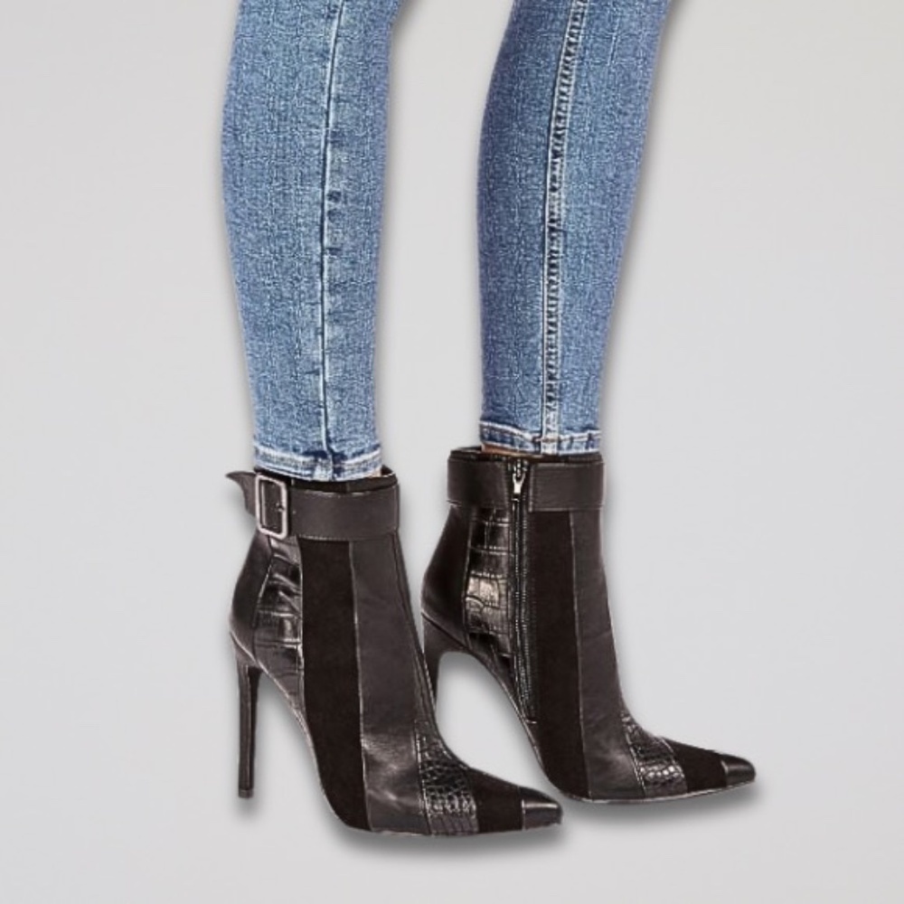 Tori Stiletto Boots Pointed Toe Glossy Croc Panel Zipper Black Women’s 7.5 NWT